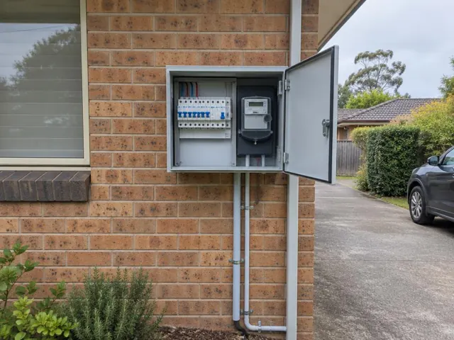 Open outdoor switchboard cabinet on a brick wall beside a driveway in Frenchs Forest